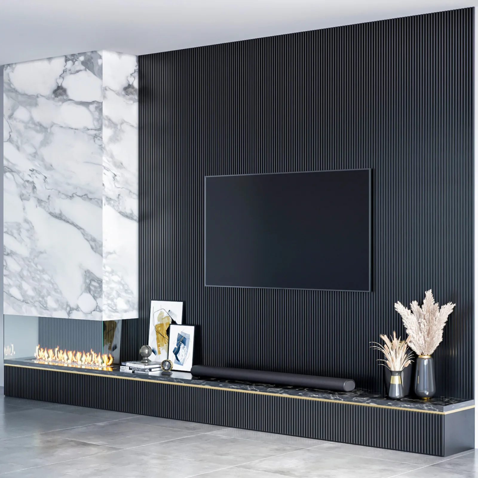 Luxury feature wall with fluted panel, marble and linear fireplace