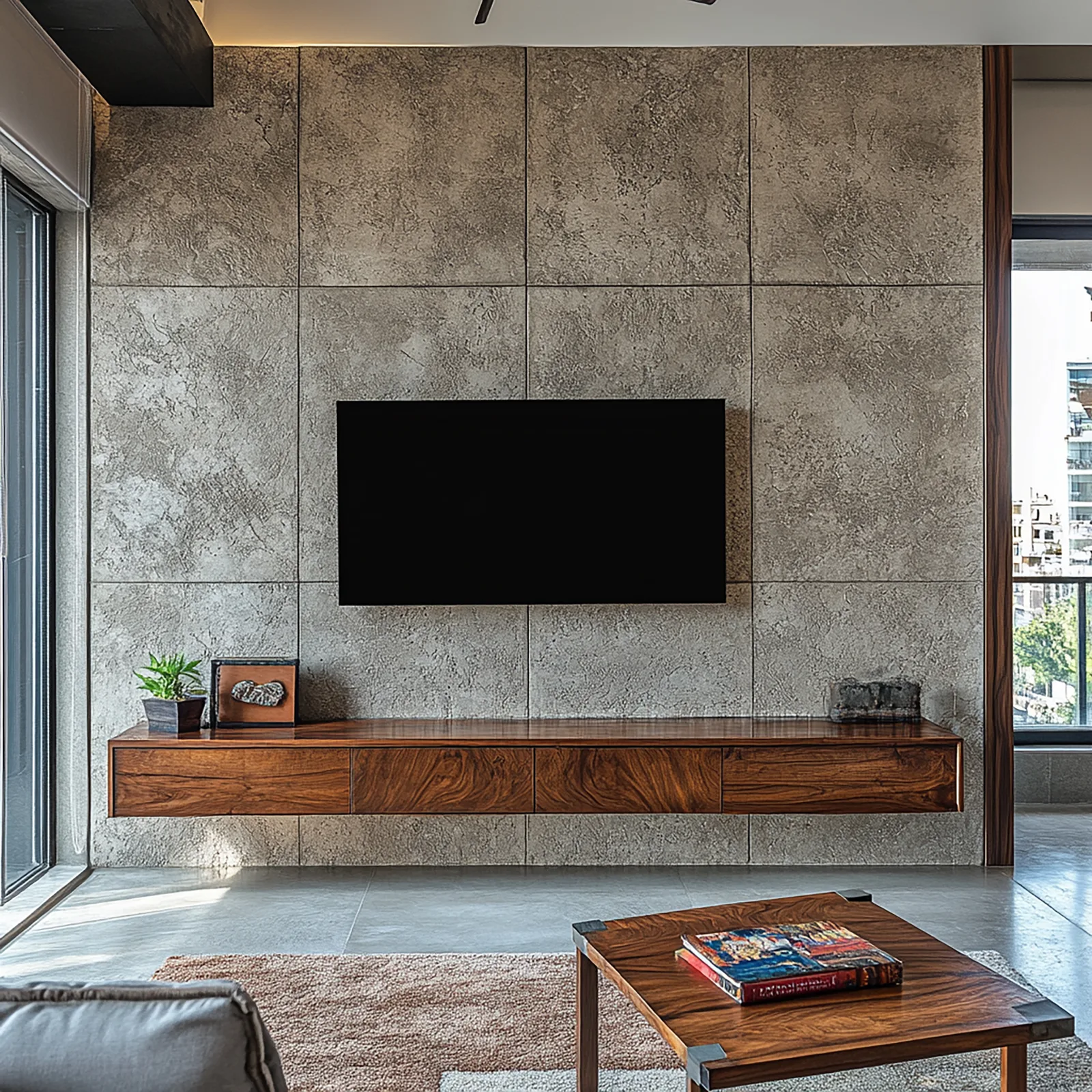 Media wall with stone-look panels and floating console