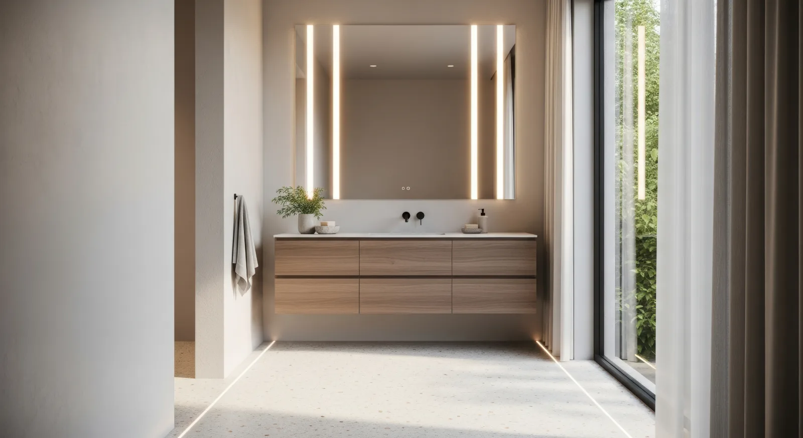 Floating bathroom vanity with natural wood finish